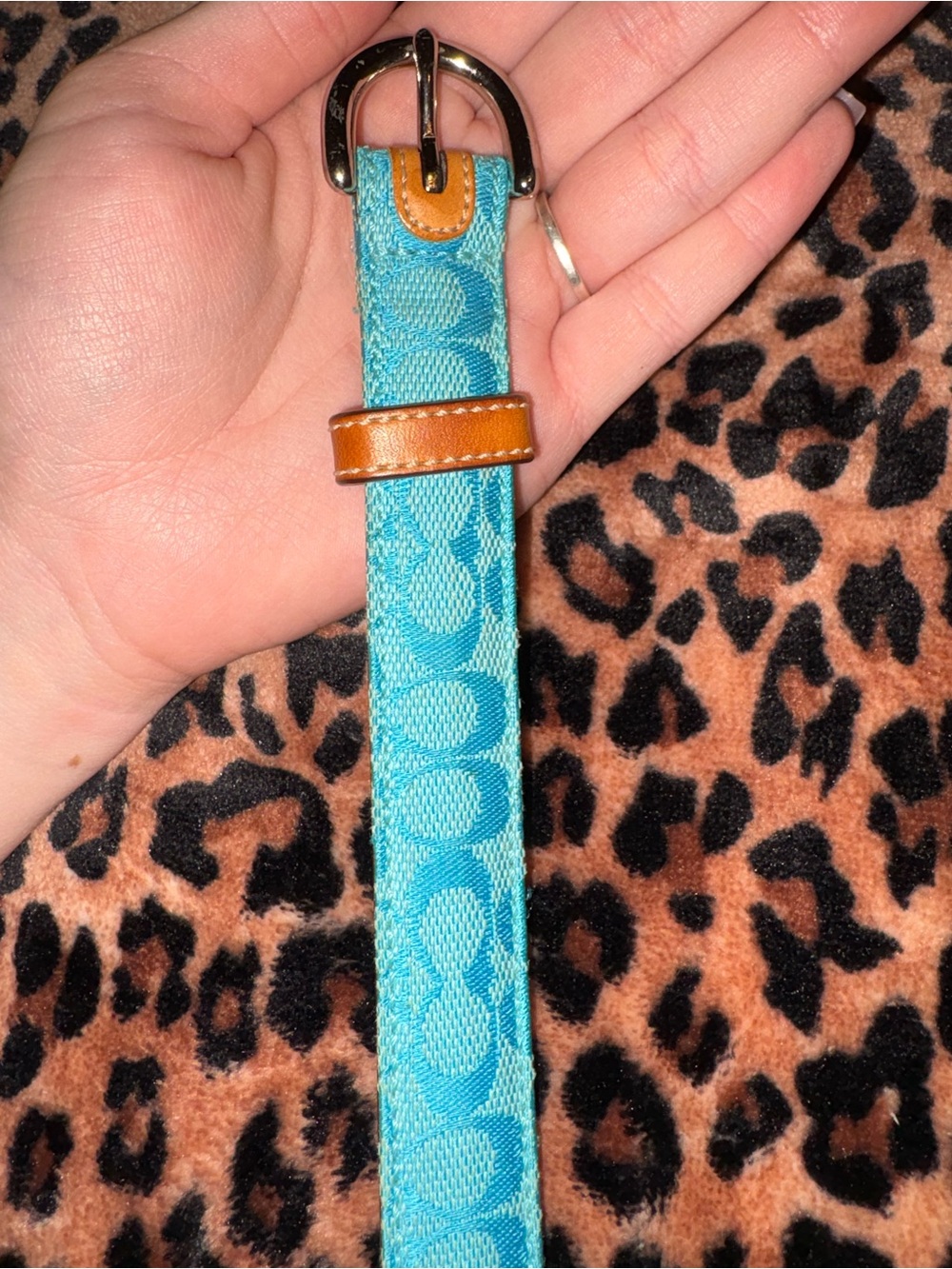 Coach Turquoise Signature Canvas Belt with Tan Leather Trim size:M